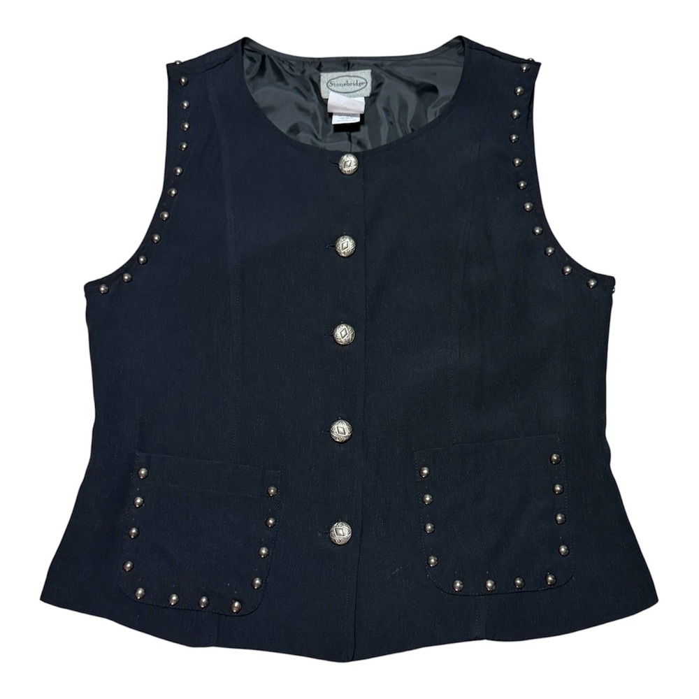 Vintage Stonebridge Studded Embellished Button Down Vest Black Women 8 Western
